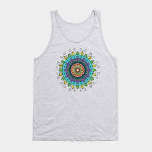 Colorful Mandala with Hearts and Bugs on Green Tank Top